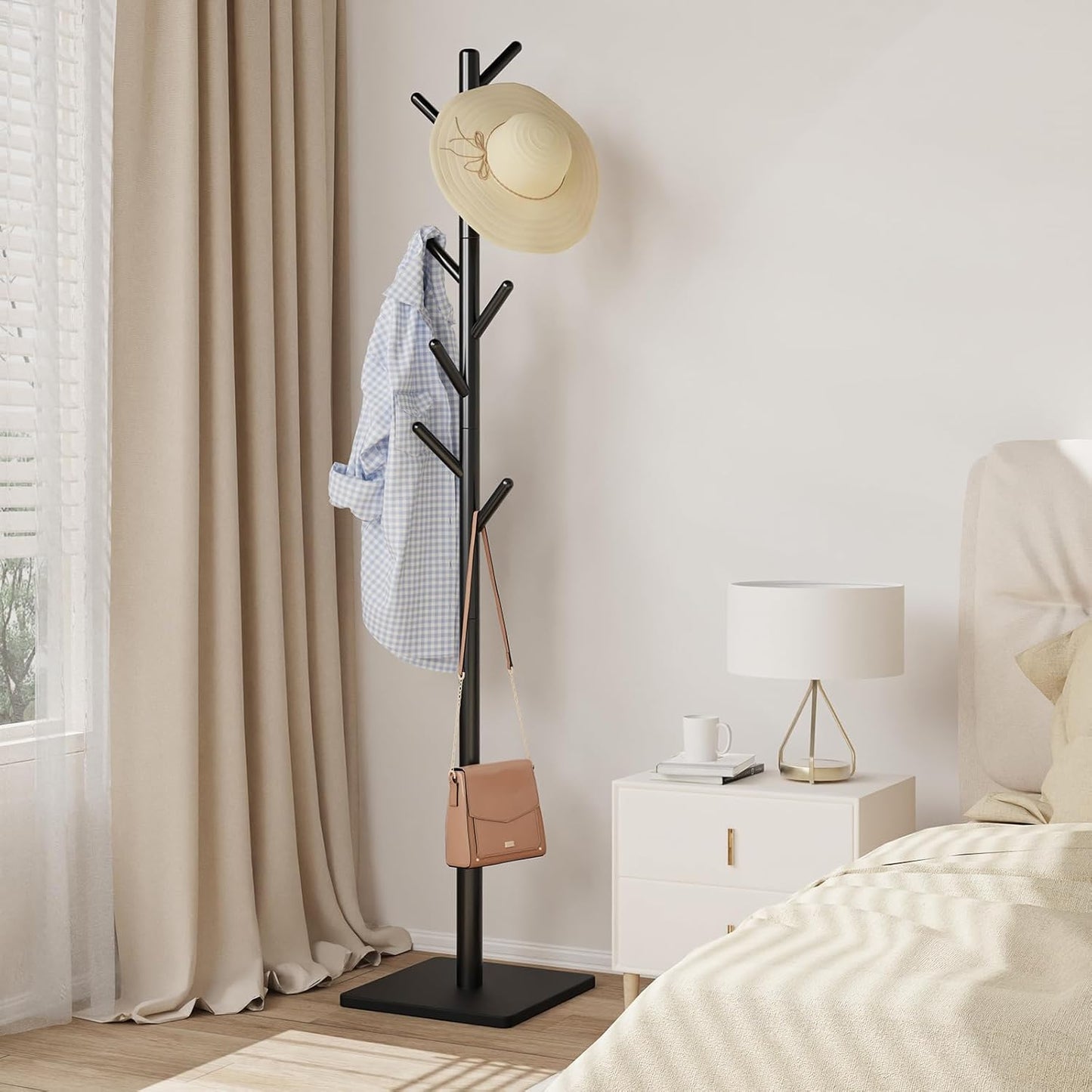 Coat Rack Freestanding with Stable Square Base for Cloathes, Hat, Used in Bedroom, Office and Entryway, Sturdy and Easy Assembly Coat Tree with 3 Adjustable Sizes and 8 Hooks, Black