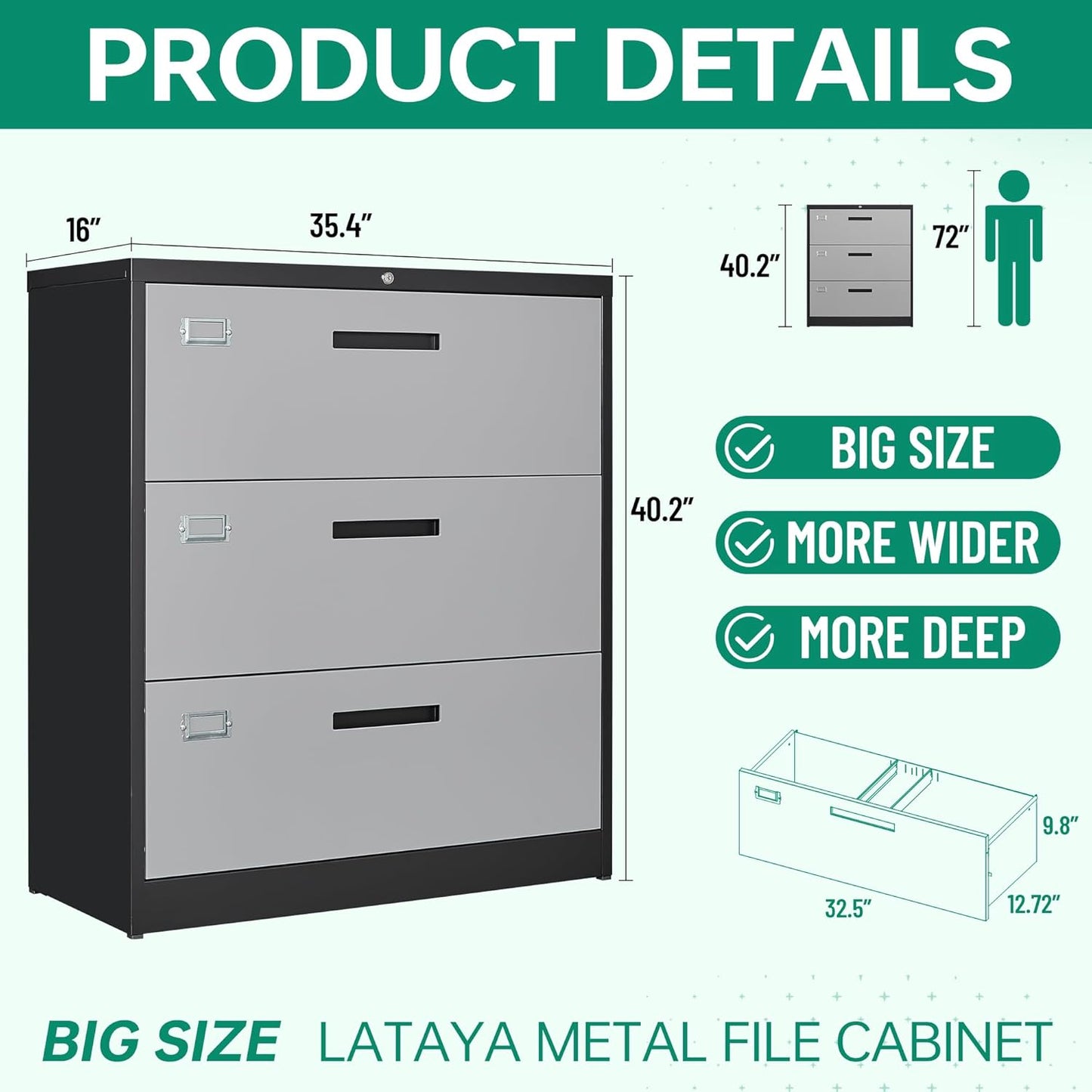 Letaya File Cabinet with Lock-Lateral 3 Drawer Metal Filing Cabinets-Organization Storage for Home Office-Hanging Letter/Legal/F4/A4 Size (Grey Black)