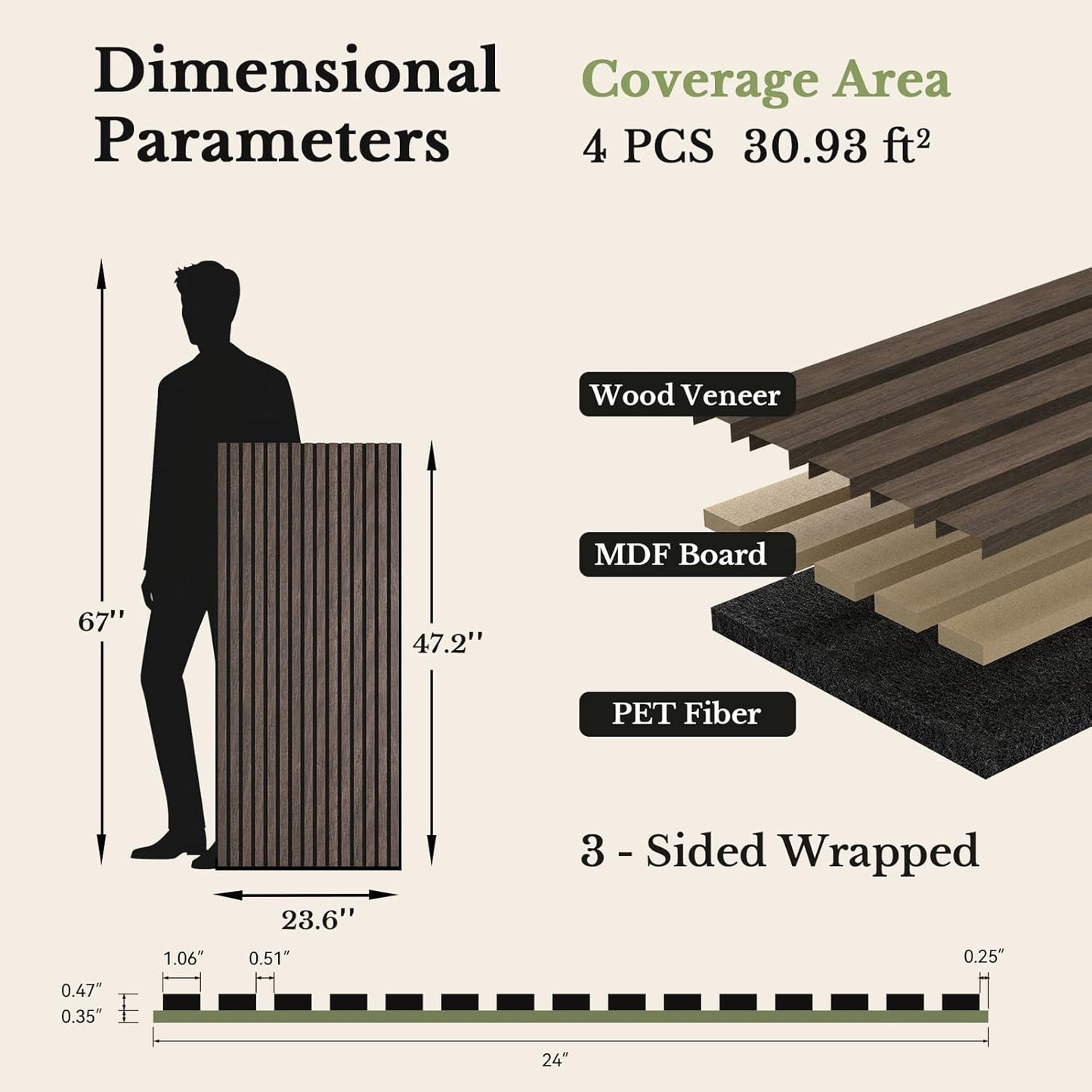 MISSDAY Wood Slat Acoustic Wall Panels, 4 Packs 47.2" x 23.6" Dark Walnut Soundproof Panel For Interior Wall Decor Noise Absorbing-3D Textured Wooden Panel Sound-Absorbing for Home, Office, Studio
