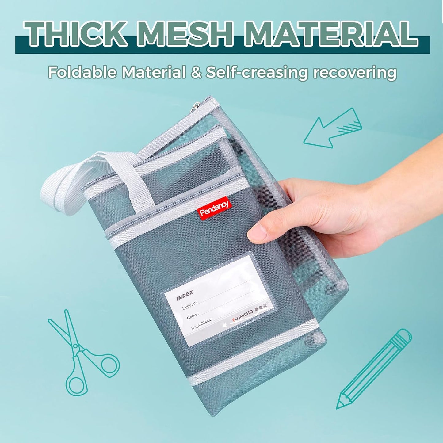 Pendancy Mesh Zipper Pouch A3 Size, Large Double Pocket Lightweight Nylon Transparent File Bag with Handle, 13x17 in Foldable Document Storage for Puzzle Project/Cross Stitch/Travel/Office (Gray)