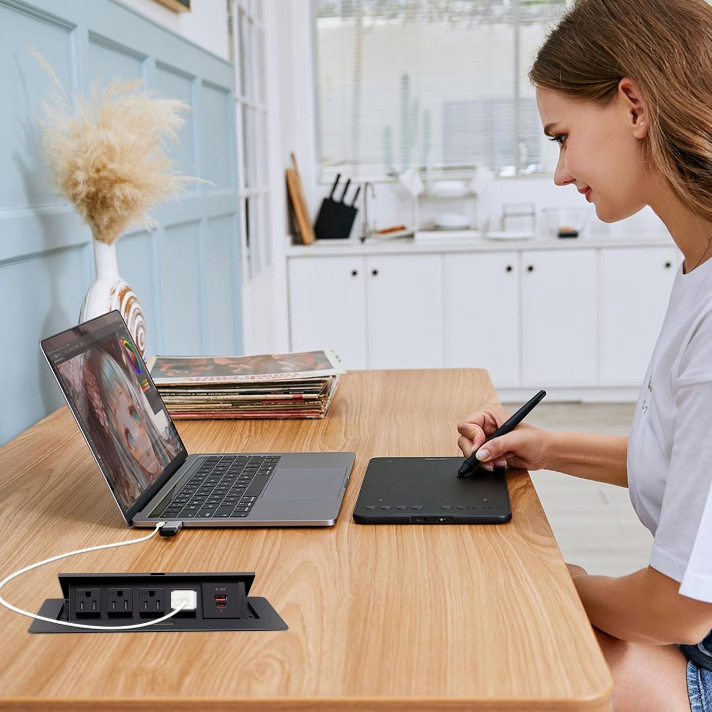 Pop Up Outlet;Pop up Power Strip; Embedded countertop;6.5 Feet 16AWG UL Cable 4 AC Outlets Max Power 1875w USB C PD 20W Fast Charging Used for Home Office Conference, etc (Black)