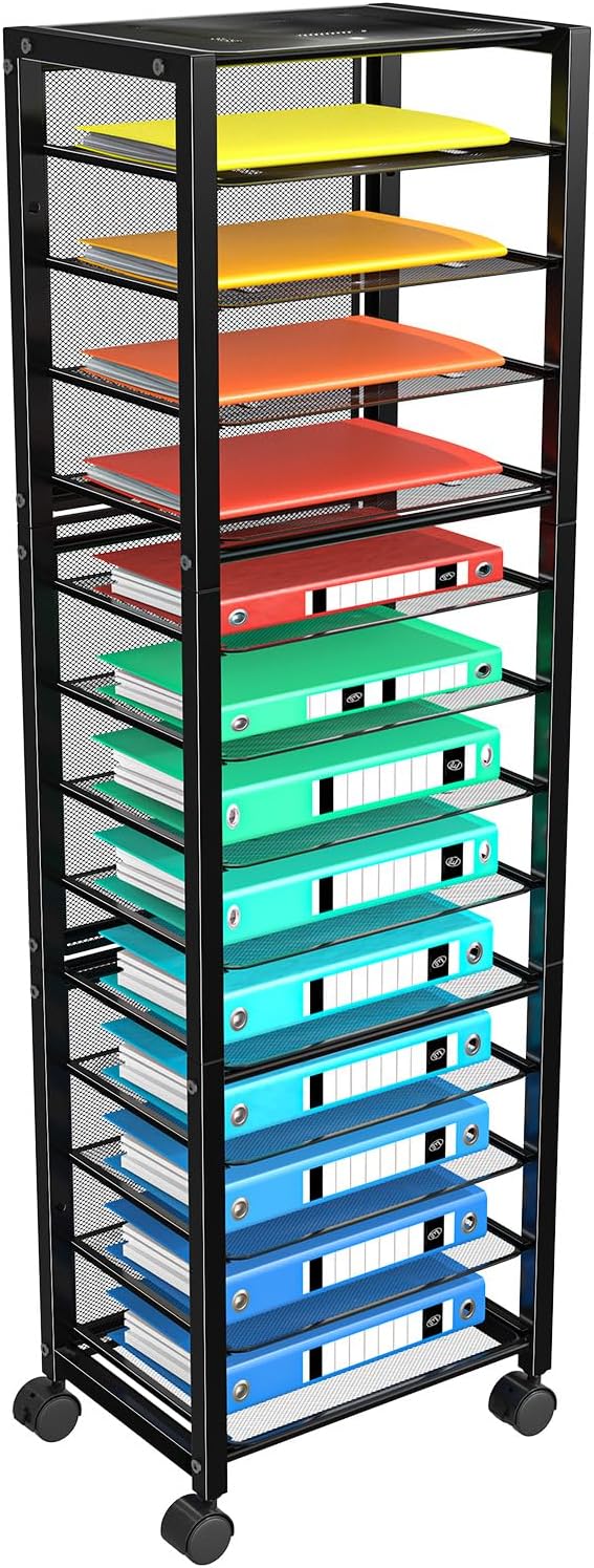 Simple Trending 14 Tier Rolling File Cart, Desk File Organizer with Sliding Trays and Wetal Mesh Paper Letter Storage Multi-Functional Rolling Clutter Cart for Office, Home, School, Black