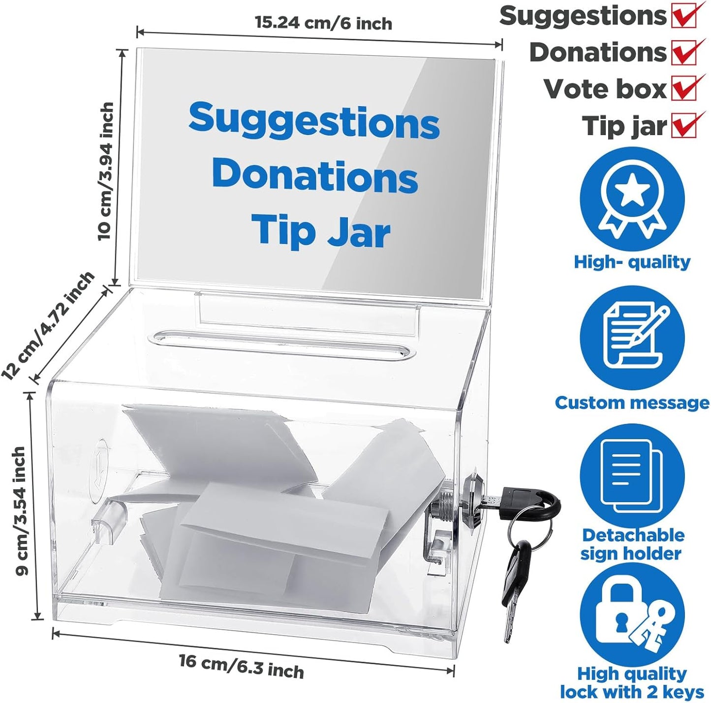 3 Pcs Acrylic Donation Box with Lock and Sign Holder Clear Ballot Donation Boxes with Slot for Fundraising Suggestion Box Storage Container for Voting, Raffle Bowl, Tip Jar