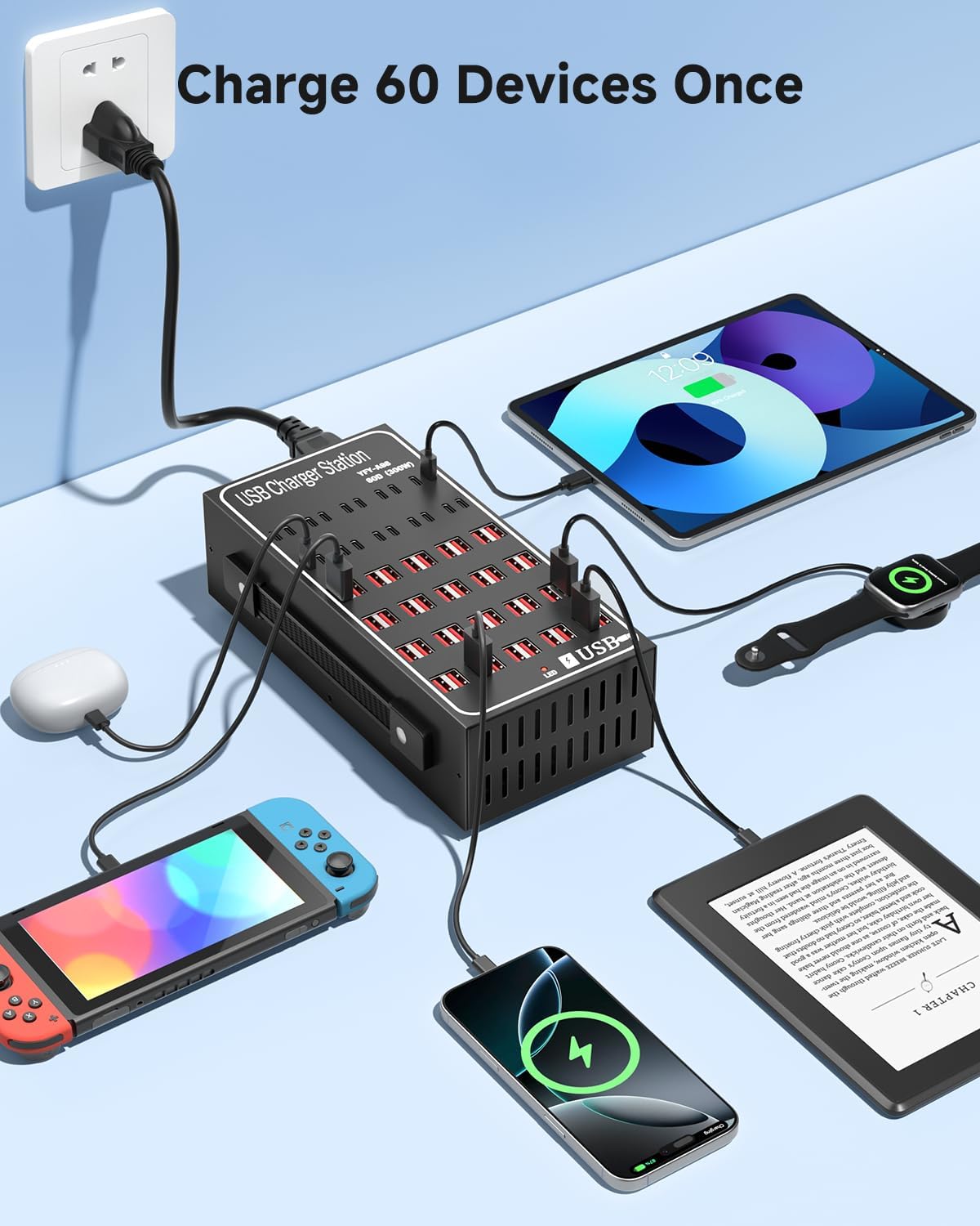 300W USB~c Charging Station, 60 Port (40 USB A & 20 USB~C Port) USB~C Charger Block, Fast Charging Station for Multiple Devices, Desktop USB Charger Compatible for iPhone, iPad, Tablets