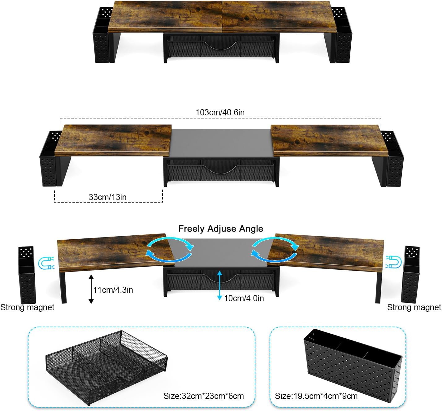 Spacrea Metal Desk Organizers and Accessories, Dual Monitor Stand Riser with Drawer and 2 Pen Holders, Desk Accessories & Workspace Desktop Organizers for Office Supplies (Wood)