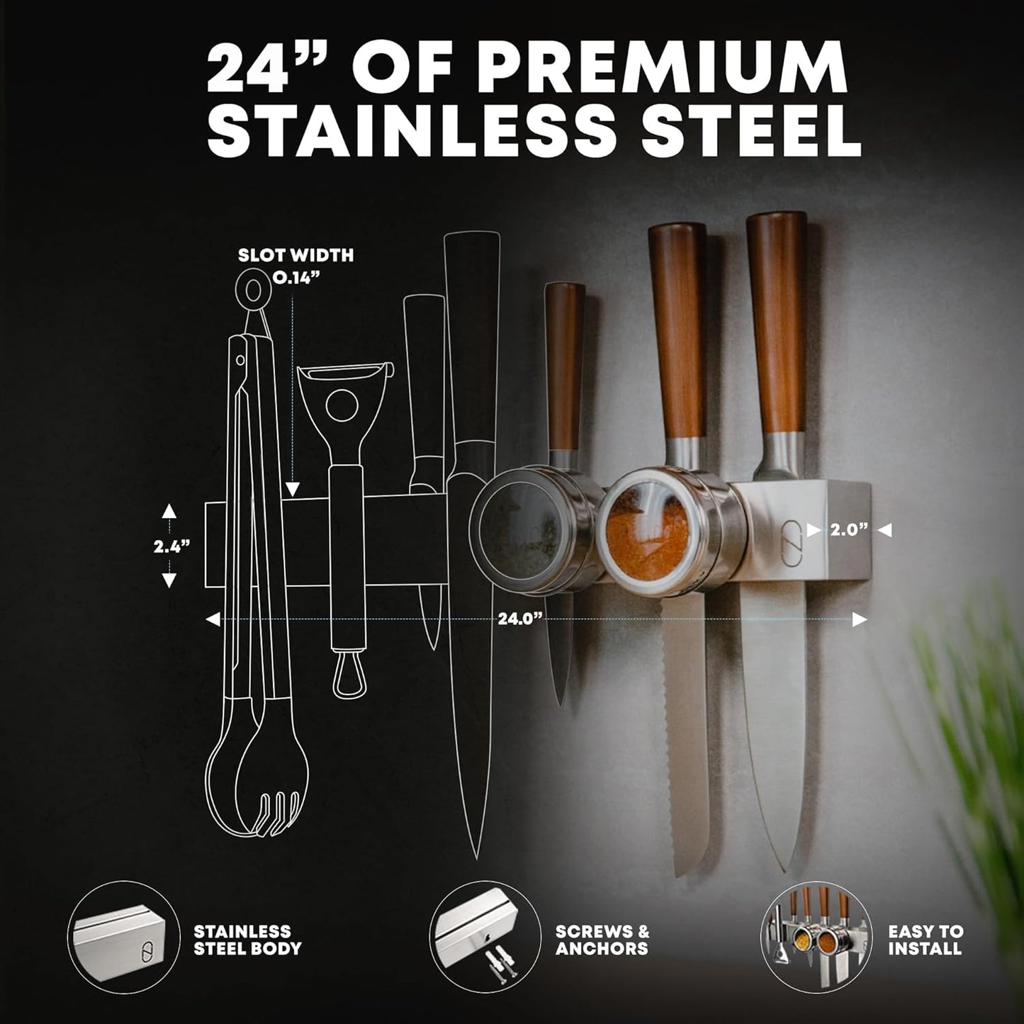 24" Magnetic Knife Holder for Wall with 2x Storage - Safe, Patented Storage Design - Stainless Steel Knife Magnetic Strip, Under Cabinet Knives Storage - Magnet Strip Rack Kitchen Utensil Organizer