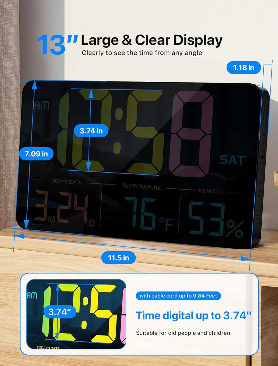 MASHI Digital Clock, 13" Large Display Digital Wall Clock, Adjustable Brightness Calendar Clock with Day and Date,DST,Alarms,Humidity,Temperature for Desk,Wall Mounted (Black Case Color Light)