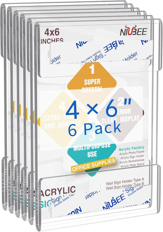 Niubee 4 x 6 inch Wall Mount Acrylic Sign Holder with Double Sided Adhesive Tape for Office, Home, Store, Restaurant, No Drilling - Vertical (6 Pack)