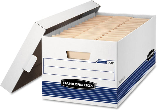 Bankers Box 12 Pack STOR/File Medium-Duty File Storage Boxes, FastFold, Lift-Off Lid, Letter, White/Blue