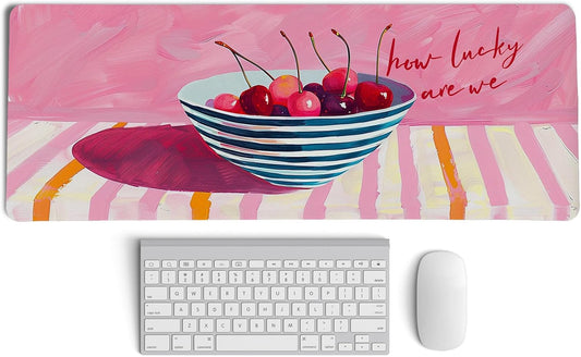 Pink Cherry Mouse Pads,Fun Girly Offices Decor Desk Mat,Pink Preppy Desk Mat,How Luck XL Large Mouse Pad,Fun Office Accessories Decor for Women Home Office Dorm 31.5x11.8Inch
