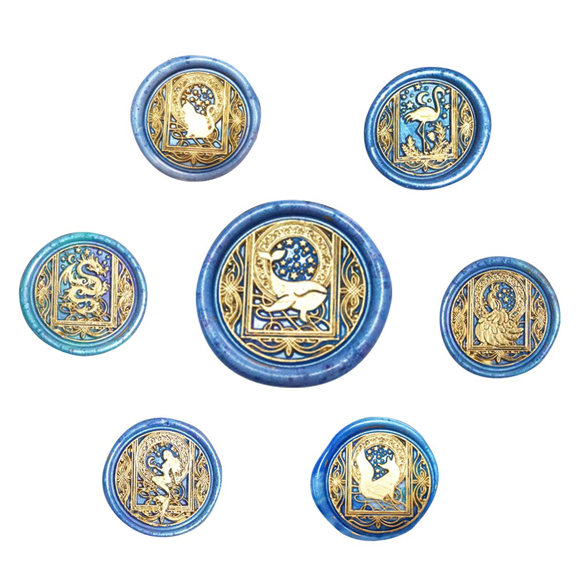 Wax Seal Stamp Kit, HOSAIL 7 Pieces Star Dragon Cat Peacock Whale Mermaid Fox Flamingo SealingWax Stamps Copper Seals + 1 Piece Wooden Hilt, Vintage Antique Moon Starry Cat Seal Wax Stamp Set