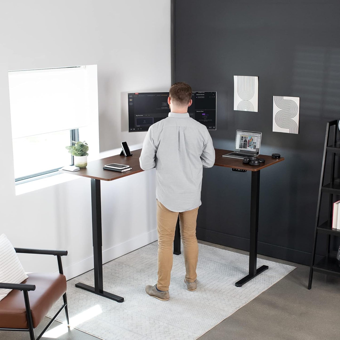 VIVO Electric Corner L-Shaped 63 x 55 in Standing Desk, Memory Height Adjustment, Dark Walnut Top Black Frame, DESK-E3CTD