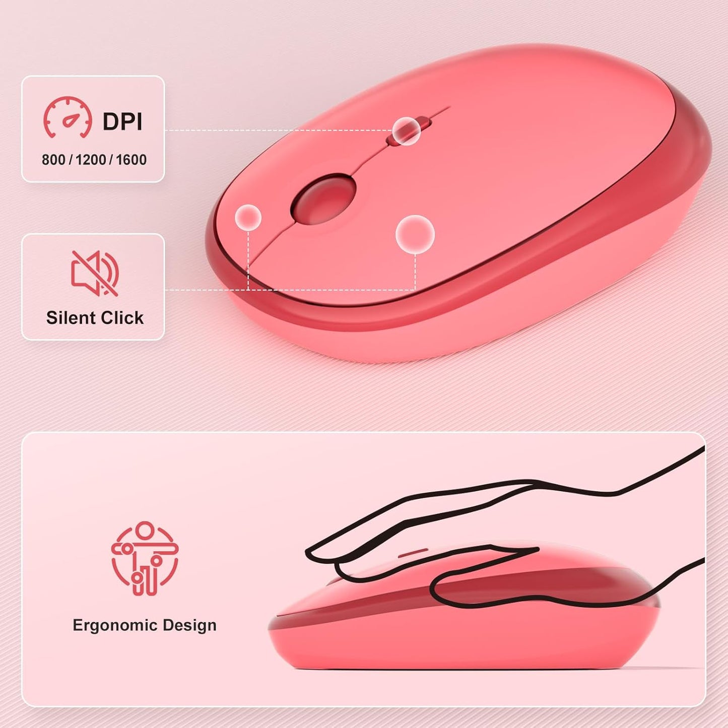 MOFII Wireless Keyboard and Mouse, Retro Typewriter Keyboard and Silent Mouse, 2.4GHz Full Size Keyboard and Mouse Wireless Combo for Laptop, PC, Desktop, Windows (Hot Pink)