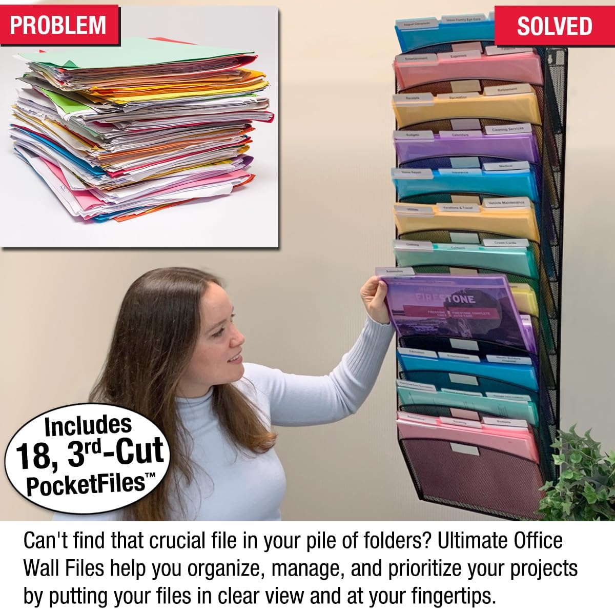 Ultimate Office Mesh Wall File Organizer, 12 Tier Vertical Mount Hanging File Sorter. Multipurpose Display Rack Includes 18, 3rd Cut PocketFile Clear Document Folder Project Pockets (Black)