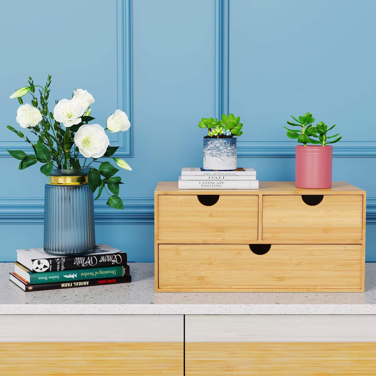 Wisuce Bamboo Desk Organizer - Mini Desktop Drawer Tabletop Storage Organization Box for Office Home Toiletries Supplies, No Assembly Required (3 Drawer)