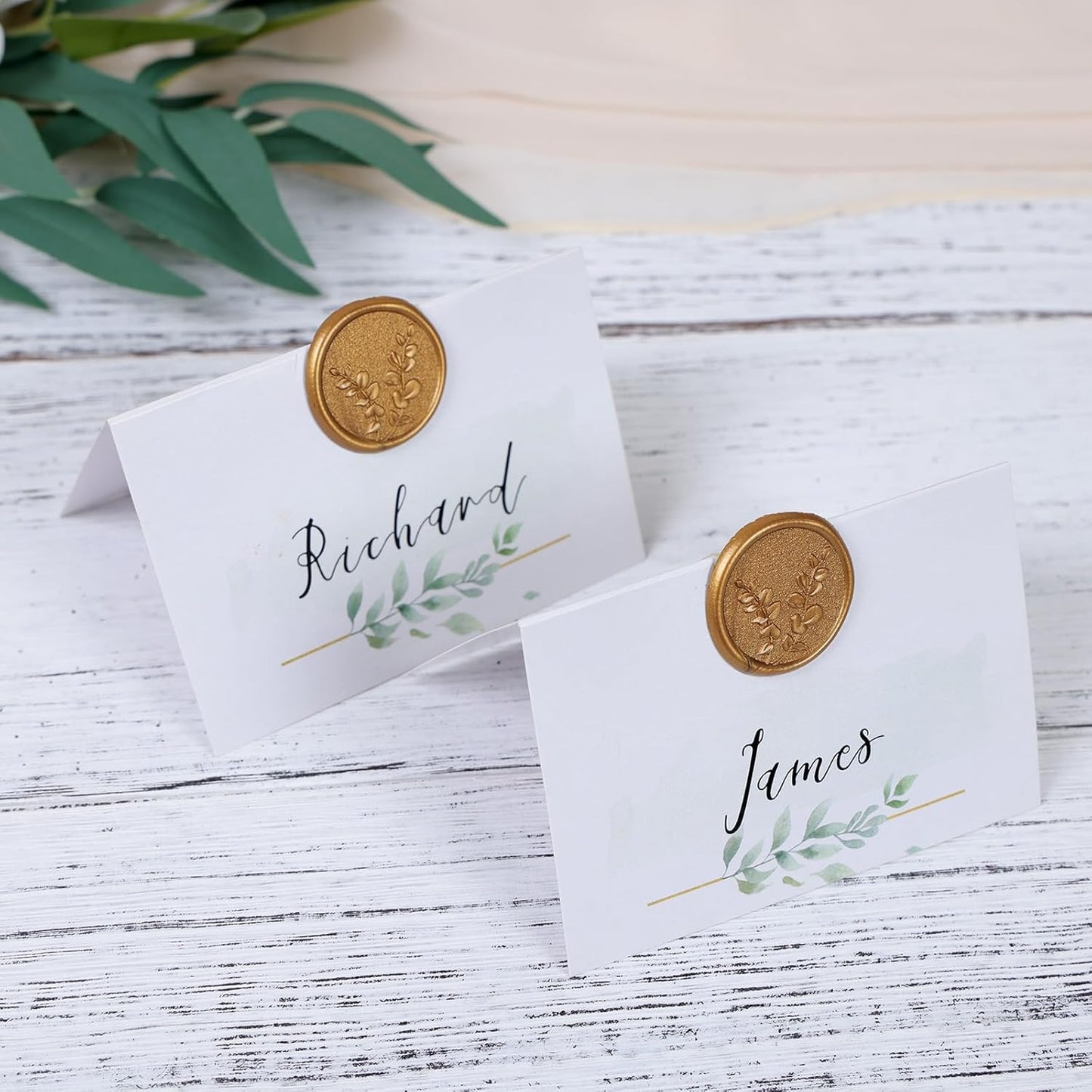 UNIQOOO Wax Seal Stickers - Eucalyptus Leaves Wedding Invitation Envelope Botanical Seal Stickers, 50 Pcs Self- Adhesive Antique Gold Stickers, Perfect for Invitation, Christmas, Gift Wrapping, Party