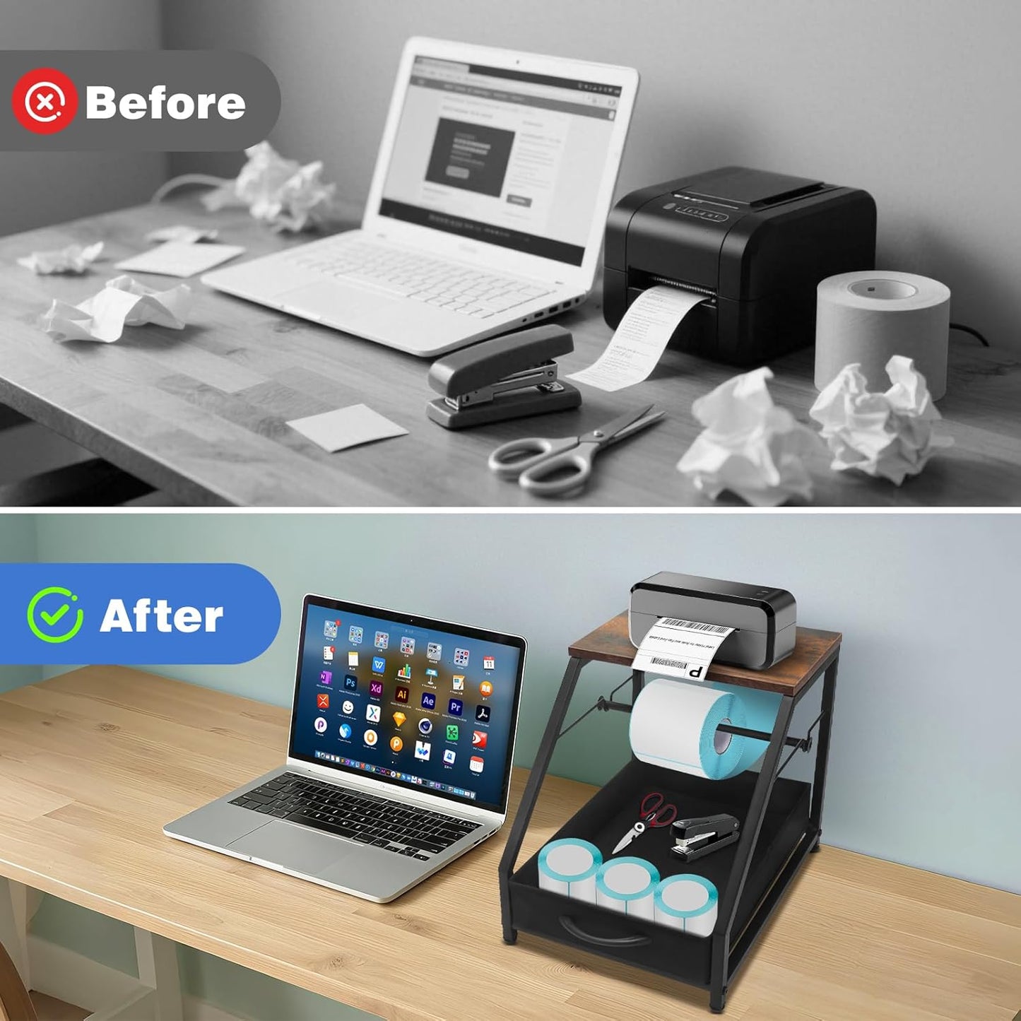 Thermal Printer Stand with Drawer, Desktop Label Holder for Rolls and Fan-Fold Labels, Organizer for 4x6 Shipping Label Printer - Home Office & Small Business Essentials