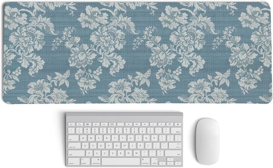 Blue Chinoiserie Mouse Pad,Vintage Blue and White Floral Desk Mat,Big Large Vintage Floral Preppy Trendy Mouse Pad,Girly Gaming Mousepad,Girly Laptop Desk Mat for Dorm Home Office,31.5x11.8In