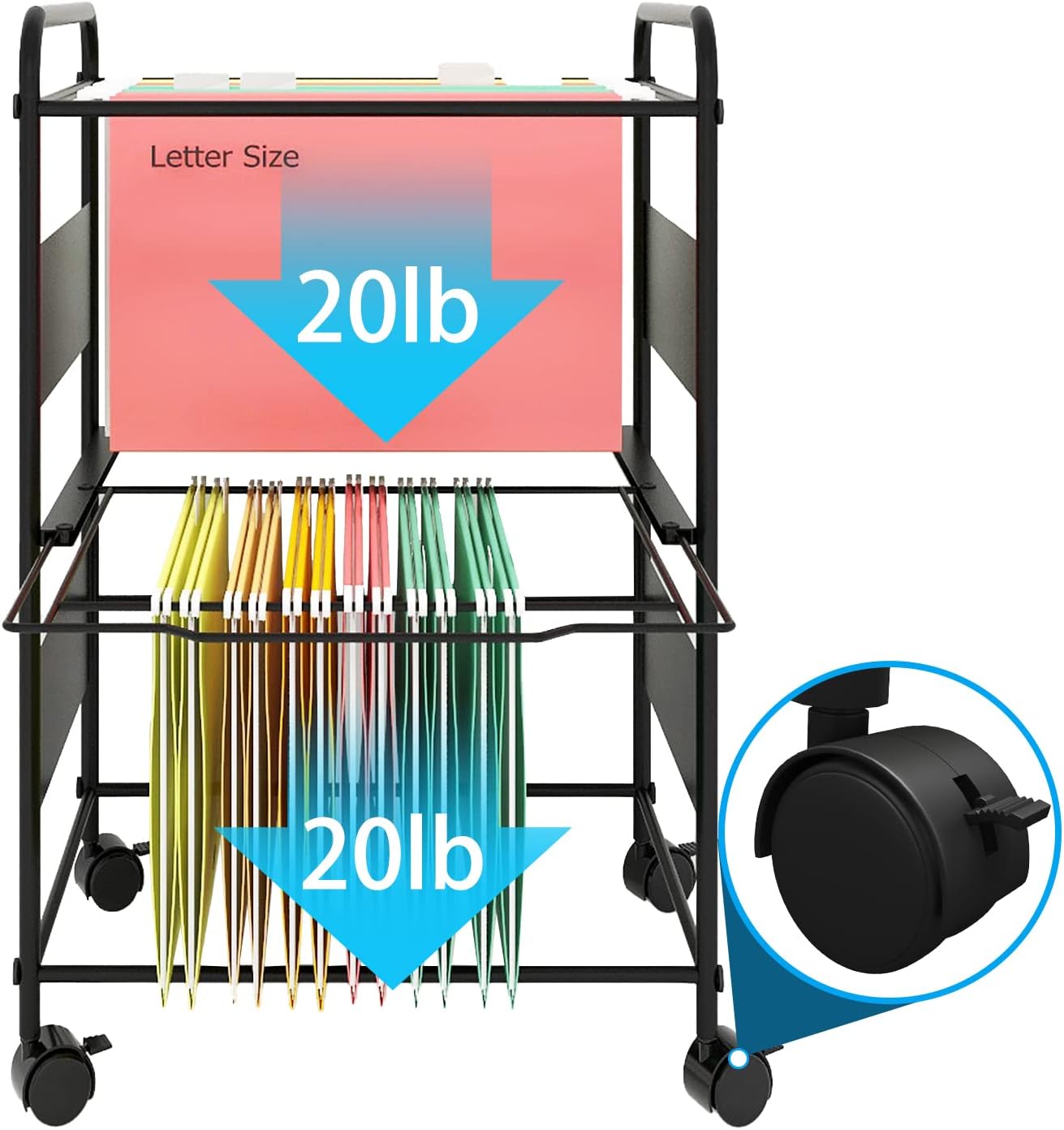 PUNCIA 2-Tier Metal Rolling File Cart with Wheels and Hanging Files for Letter Size - Movable Pull-Out Folder Rack Drawer Cabinet for Home Office