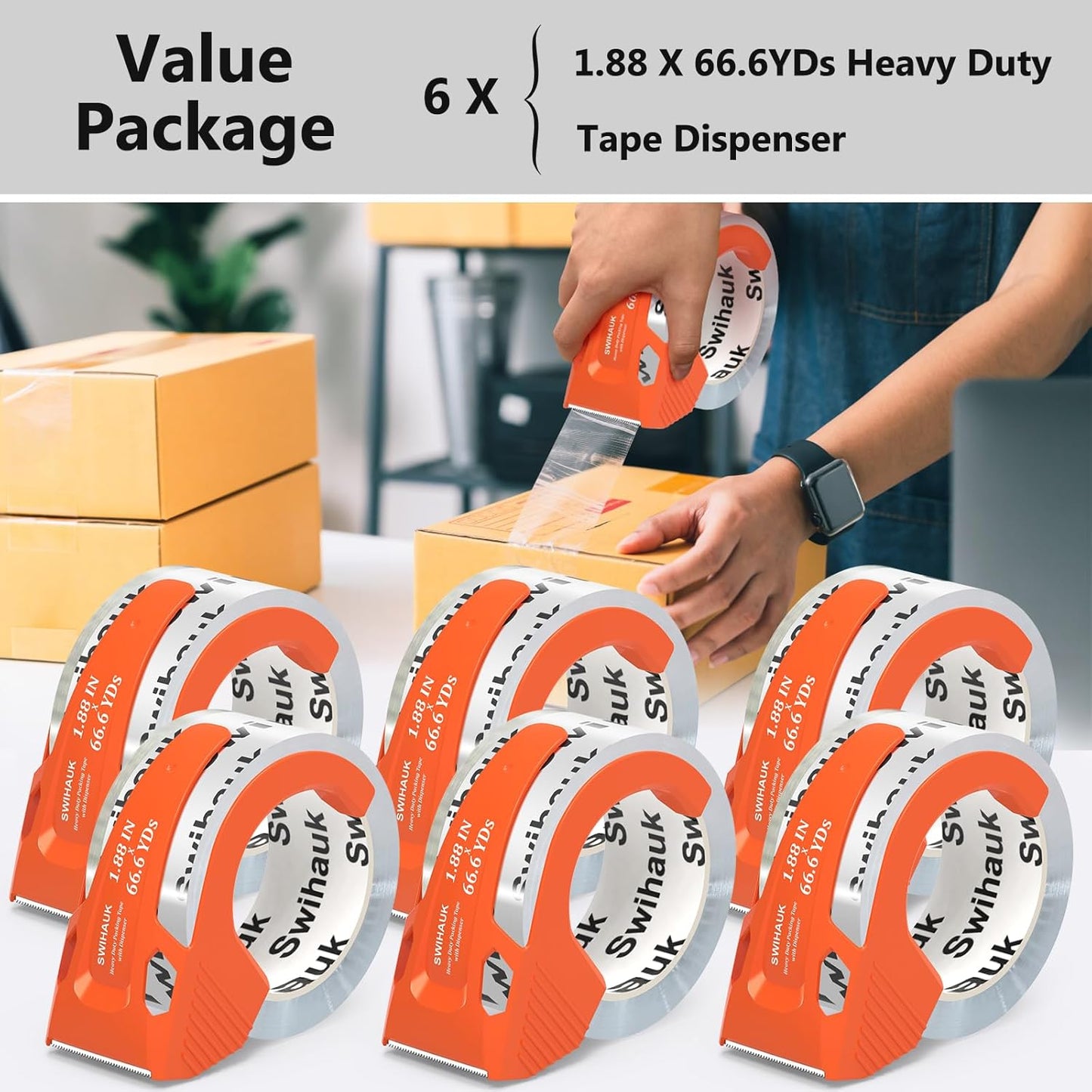 Swihauk Total 400 yd, 6 Pack 1.88 in x 66.6 yd - Heavy Duty Packing Tape with Dispenser Combo, Clear Shipping Tape, Packaging Tape, Package Tape for Shipping Moving Storage and Mailing, w30200