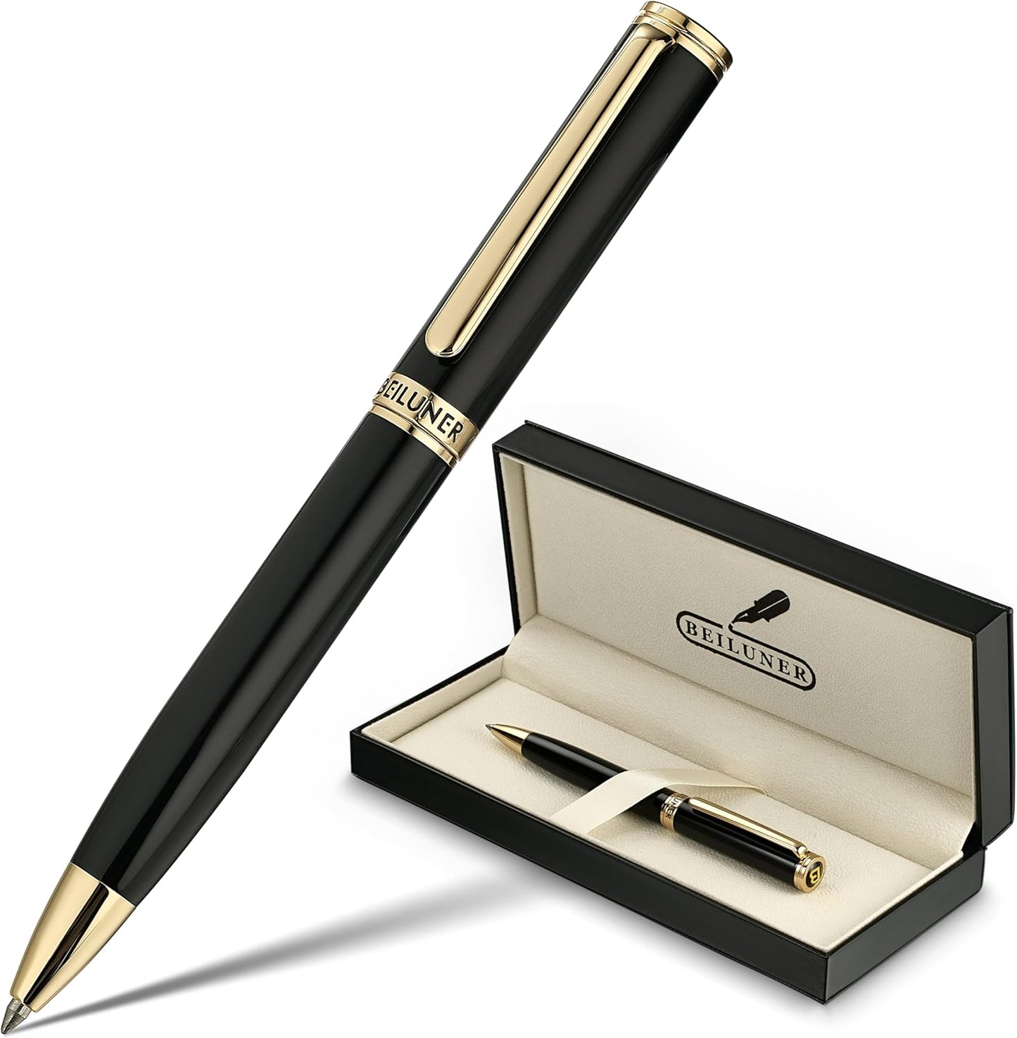 BEILUNER Luxury Gel Pen with 24K Gold Finish, Black Piano Lacquer, Luxury Grade Craftsmanship, Best Pen Gift Set for Men and Women, Professional, Executive, Office, Retractable Nice Pens