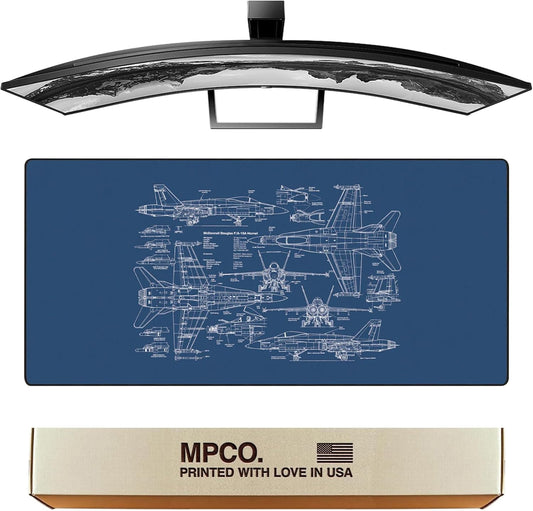 MPCO. Blueprints Large Gaming Desk Pad - 36" x 17" Aeroglyde Fabric Browning 1911 – White Desk Mats - Non-Slip, Washable, Smooth Glide for Precision Gaming & Work