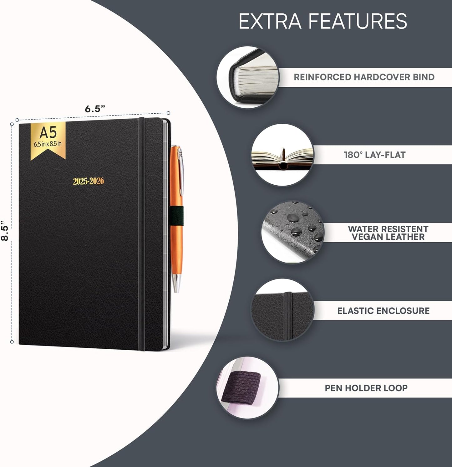 Ensight 2025-2026 HARDCOVER Leather Planner Weekly & Monthly - 6.5x8.5 Inches - Academic Planner Business Personal or Student - Pen Holder, Thick Paper, July 2025 - June 2026 (Black)