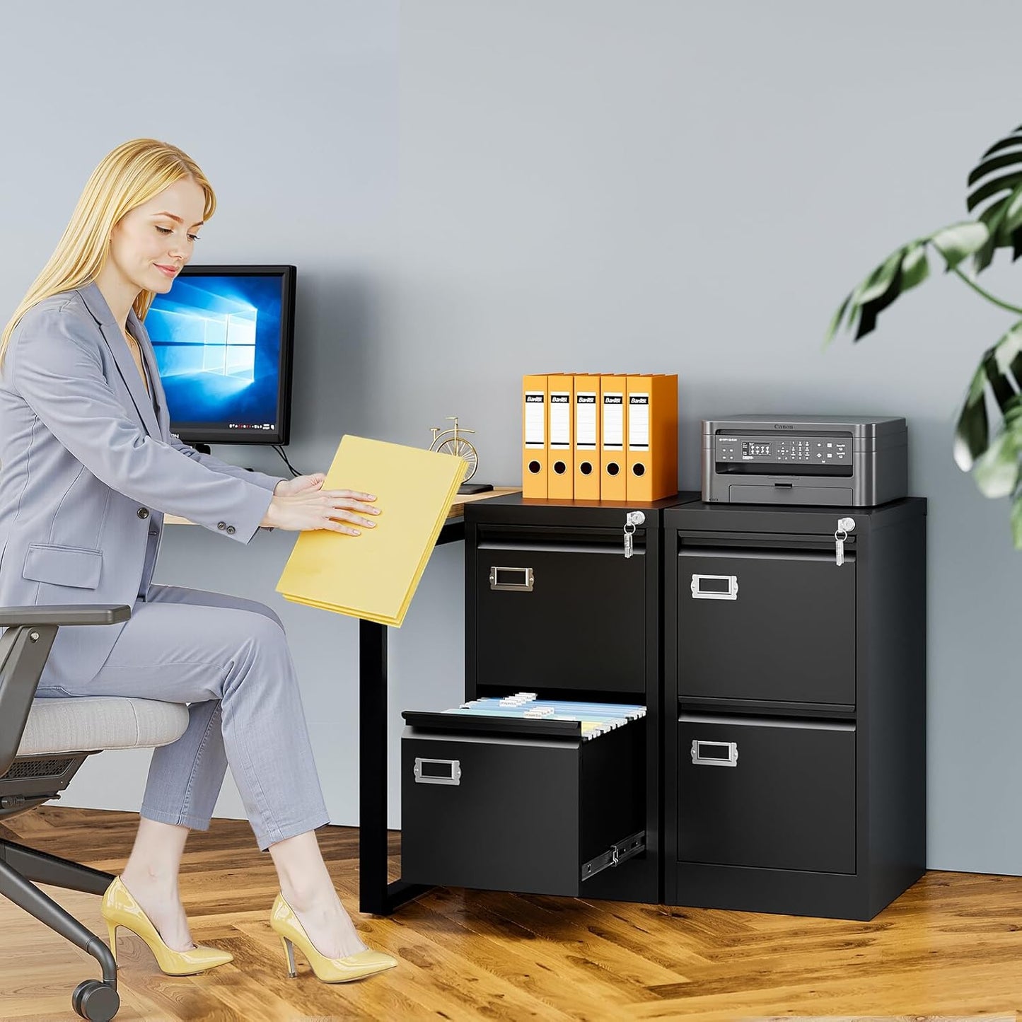 2 Drawer File Cabinet with Lock, Metal Filing Cabinets for Home Office, Vertical Black Small File Caninet, Steel Narrow Two Drawer File Cabnet for Letter/Legal / A4 / B4 - Assembly Required