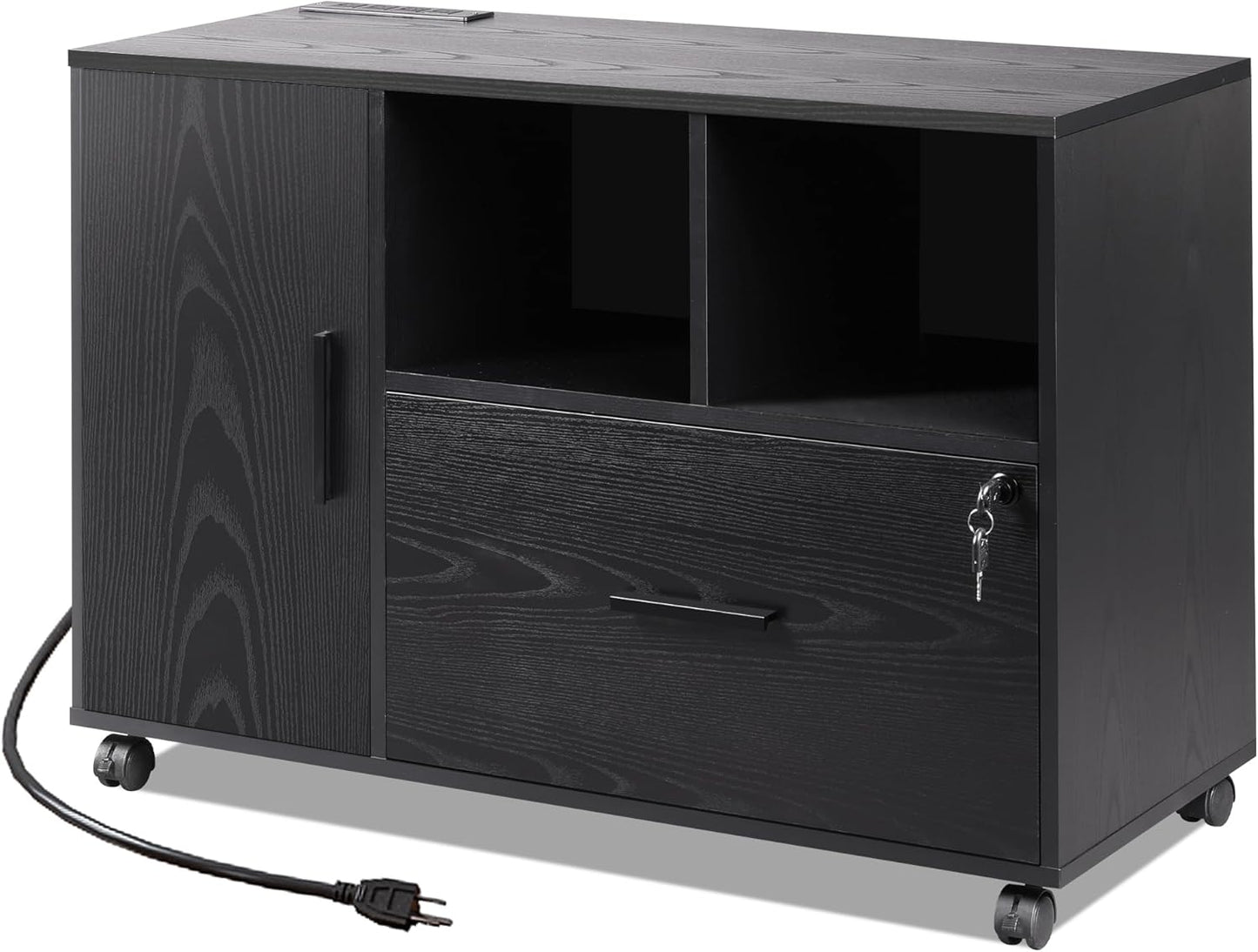 DEVAISE File Cabinet with Charging Station, 1-Drawer Lateral File Cabinets with Lock for Home Office, Wooden Rolling Printer Stand with Shelves, Black