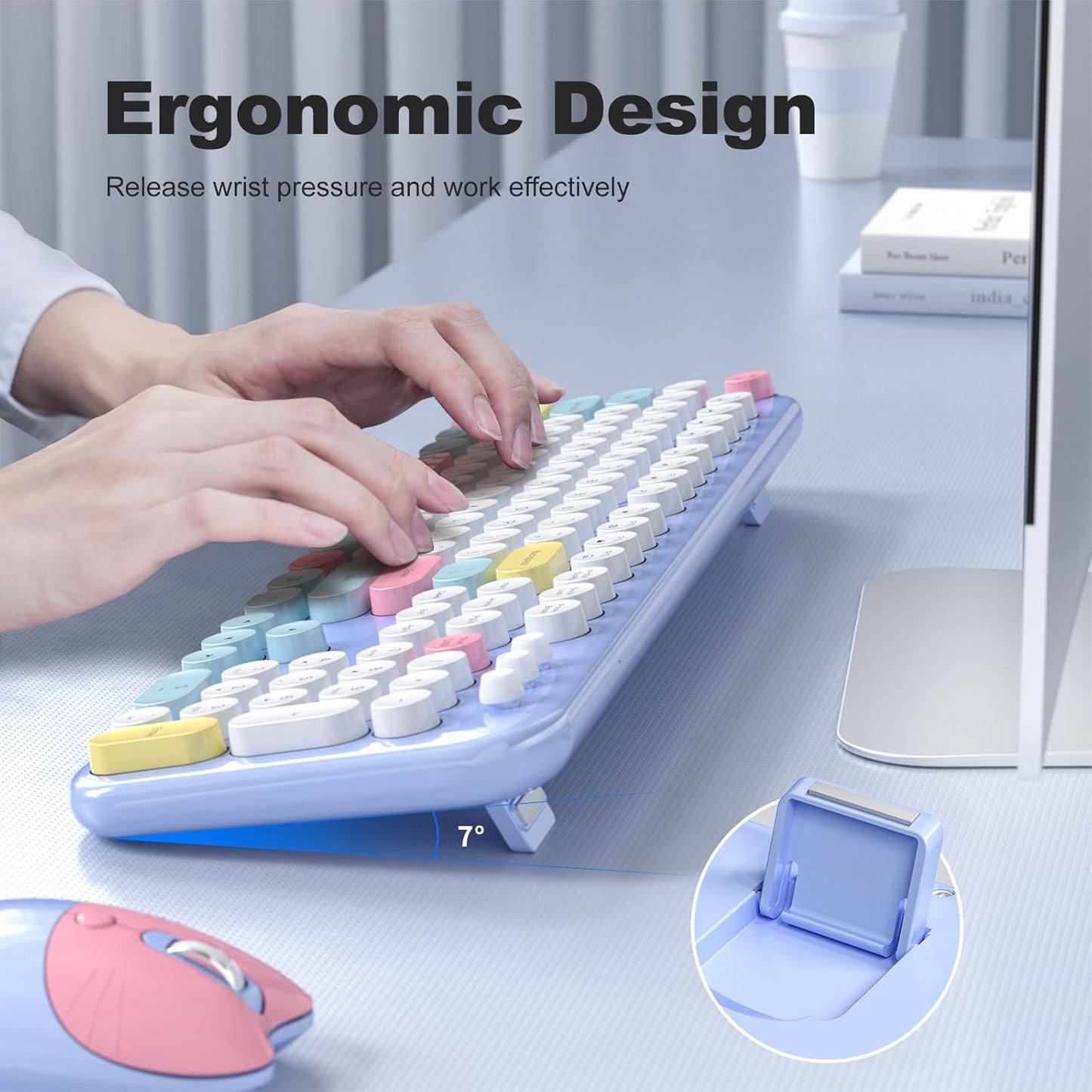 Wireless Keyboard and Mouse, Full Size Typewriter Keyboard and Cute Cat Shape Design Mouse Combo for Windows 7/8/10, Laptop, Desktop, PC, Computer (Blue)