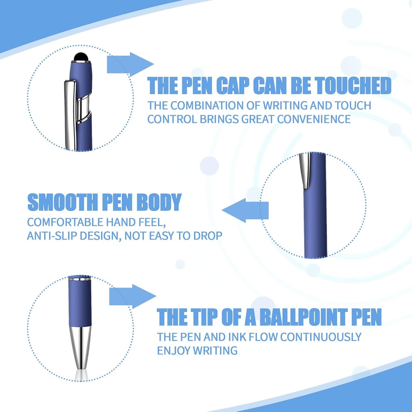 8 Pcs Blue Ink Ballpoint Pen with Stylus Tip 2 in 1 Stylus Ballpoint Pen Metal Pens Stylus Pen for Touch Screens School Office Coworkers (Navy Blue)