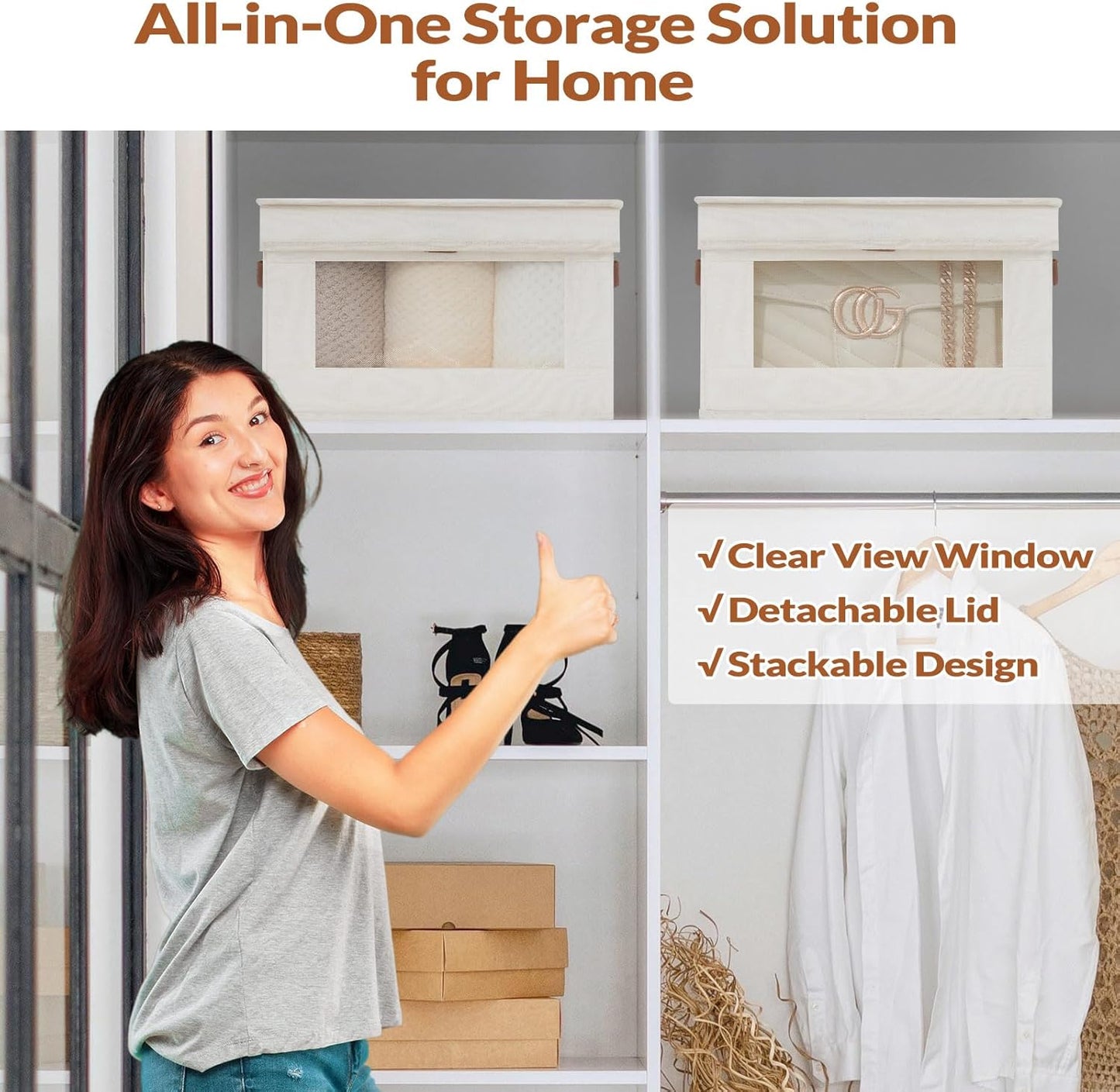 Fabric Storage Bins with Lids, Collapsible Closet Organizer with Sturdy Handles, Clear View Window, Stackable Storage Baskets for Clothes, Towels, Books, Hand Pull Closet Organizer Boxes-4-Pack, Beige