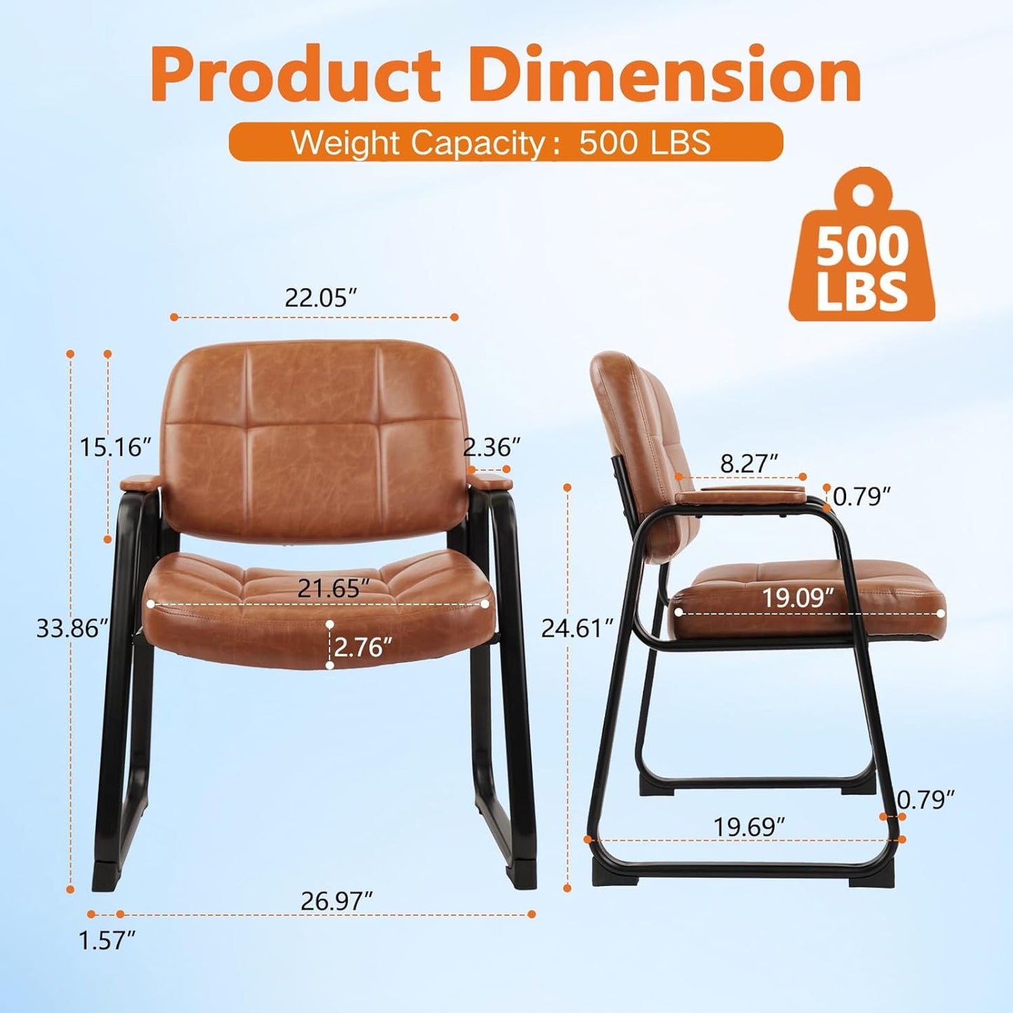 CLATINA Big & Tall 500 lbs Waiting Room Chairs with Padded Armrests and Sled Base, Leather Stationary No Wheels Office Guest Chair for Reception Lobby Home and Meeting Conference, Brown (2 Pack)