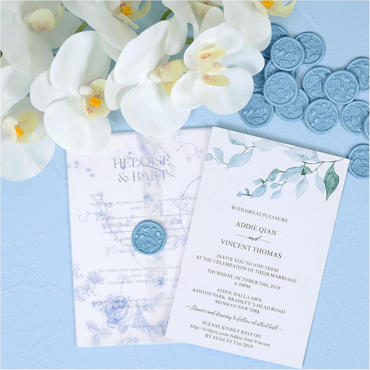 UNIQOOO Wax Seal Stickers - 3D Magnolia Wedding Invitation Envelope Botanical Seal Stickers, 50 Pcs Self- Adhesive Dusty Blue Stickers, Perfect for Invitation, Christmas, Gift Wrapping, Party