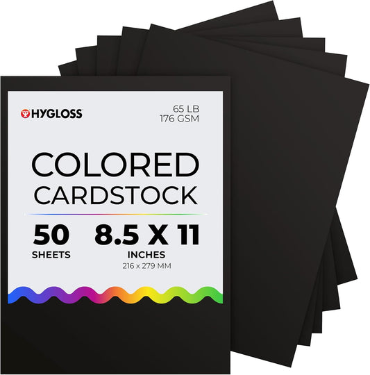 Hygloss Black Cardstock - 8.5x11-Inch, 50 Sheets, 65 lb/ 176 gsm, Fade-Resistant, Acid-Free Color Card Stock Paper