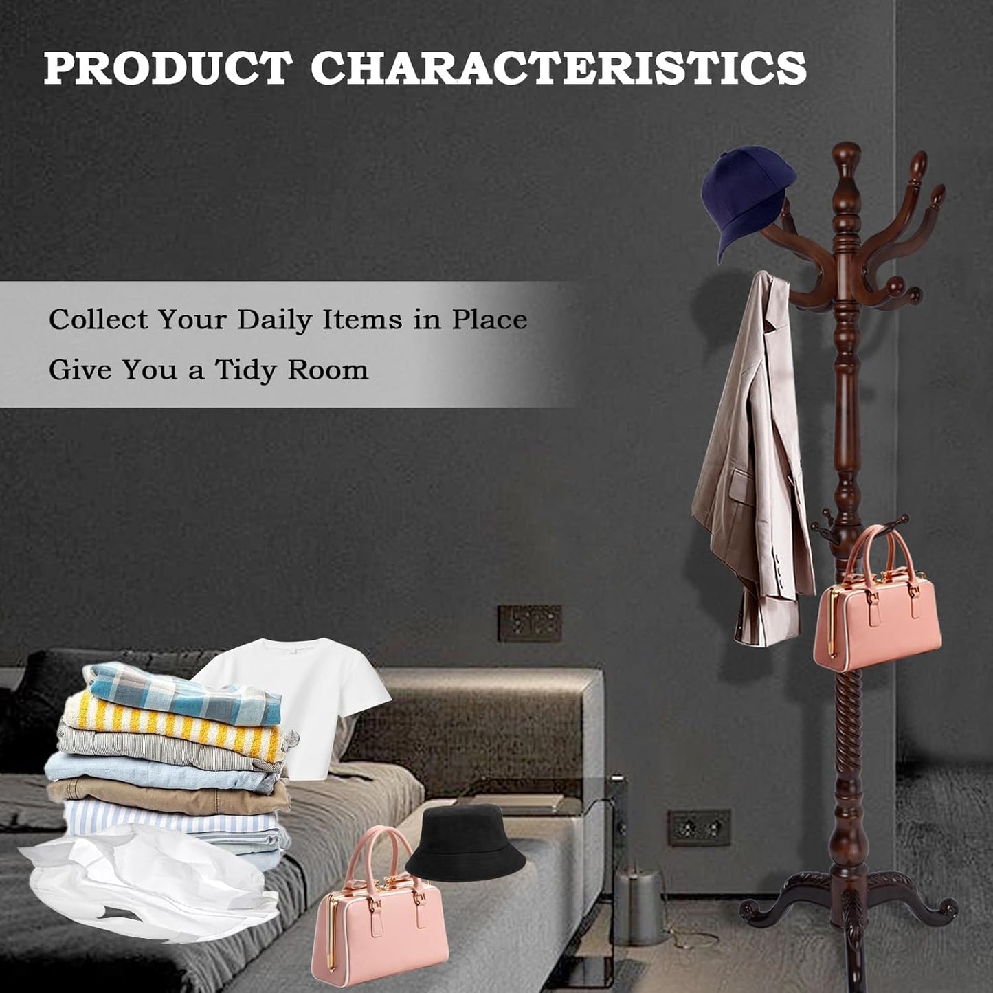 Coat Racks FreeStanding with 11 Hooks, Natural Wood Coat Rack with Tri-Legged Base, Adjustable Height Coat Racks, Easy Assembly for Hallway, Bedroom and Office (Walnut-Tri-Legged Base)