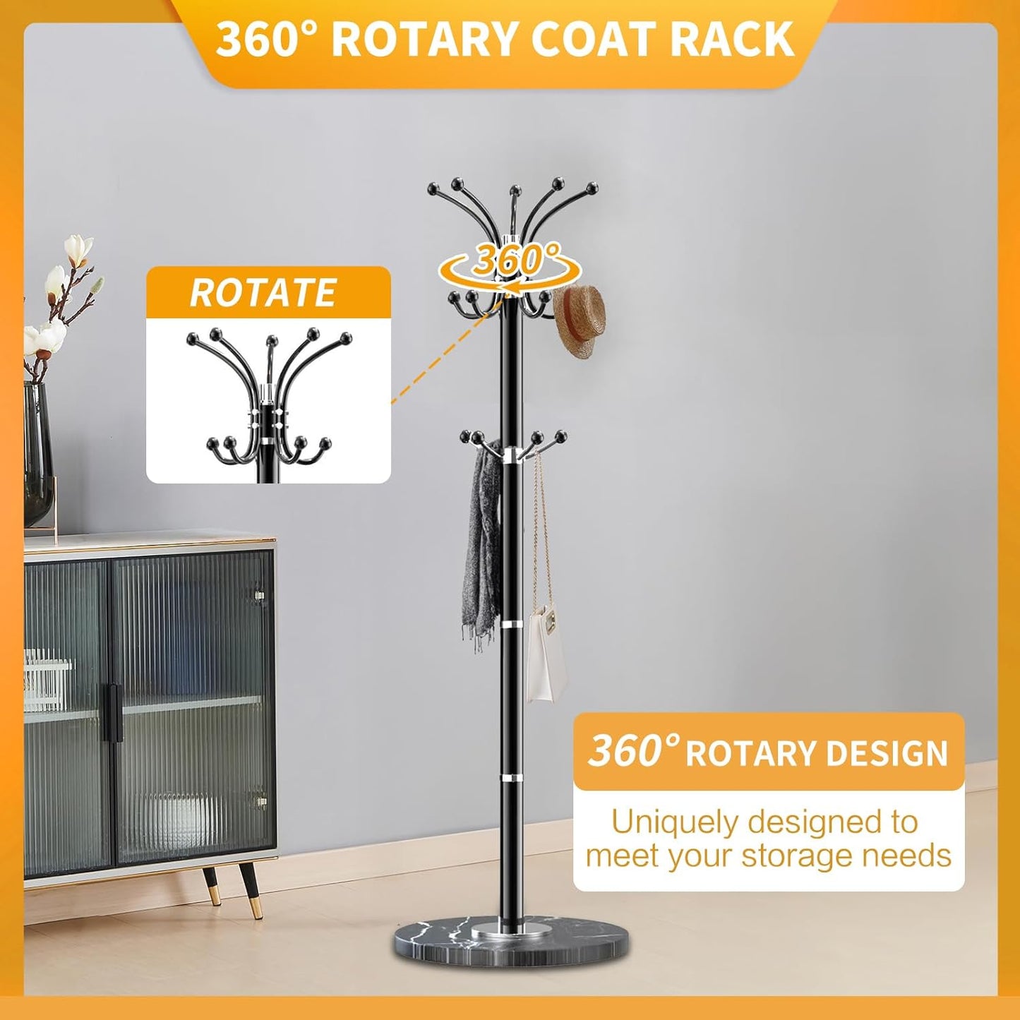 Metal Coat Rack Stand with Natural Marble Base, Modern Coat Rack Freestanding, 360°Rotary Coat Racks with 14 Hooks, Heavy Duty Coat Hall Tree Hanger Stand for Entryway, Office