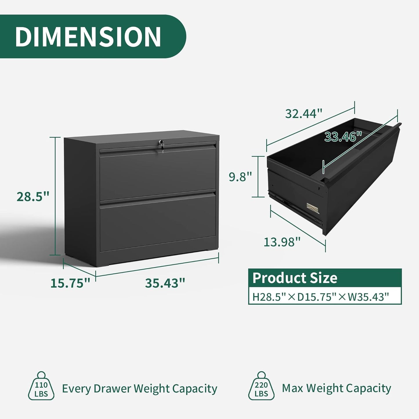2 Drawer Lateral File Cabinet, Metal File Cabinets for Home Office Legal/Letter A4 Size, File Cabinet with 2 Drawer Storage Cabinet, Require Assembly, Black