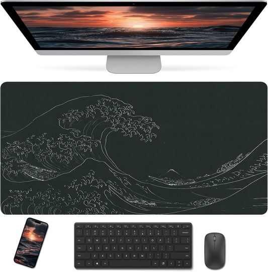 Bloss Japanese Sea Wave Desks Mat,Anime Black Large Mouse pad,Kanagawa Gaming Desk Pad Mat,Desk Blotter Mat,Waterproof Computer Laptop Keyboard Desk Protector Mat for Office/Home/Gift,31.5" x 15.7"