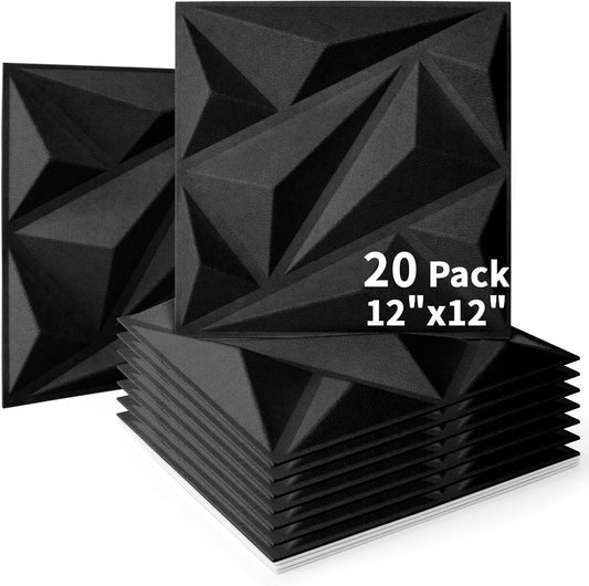 Art3dwallpanels Acoustic Panels 20 Pack Soundproof Wall Panels Acoustic Foam Sound Dampening, 3D Sound Absorbing, 12" X 12", Black