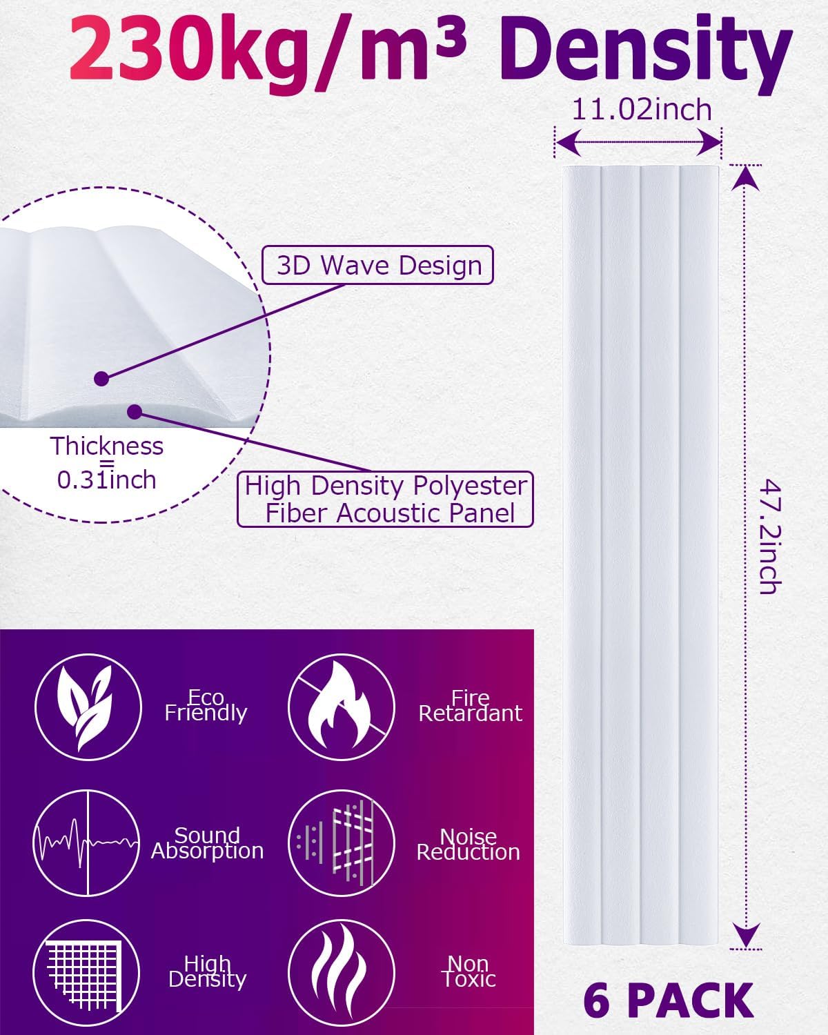 BUBOS 6 Pack Large Acoustic Panels,47.2"x11"3D Wave Pattern Acoustical Wall Panels,Self-Adhesive Sound Proof Panels for Walls,Decorative Soundproof Panels for Recording Studio&Office (White 01)