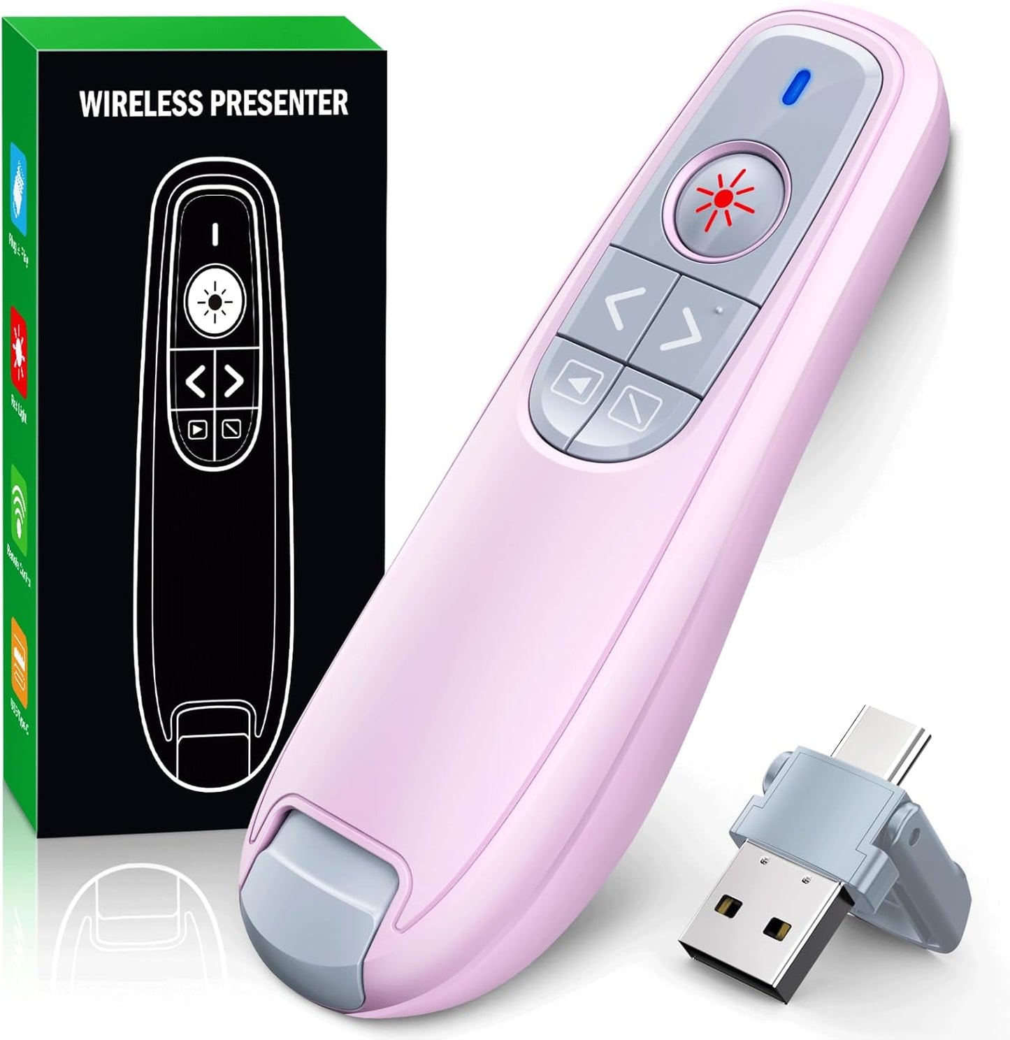 Presentation Clicker Wireless Presenter Remote Clicker, USB C PowerPoint Clicker for Presentation with Laser Pointer, RF 2.4GHz Computer Pointer Clicker Slide Advancer for Mac