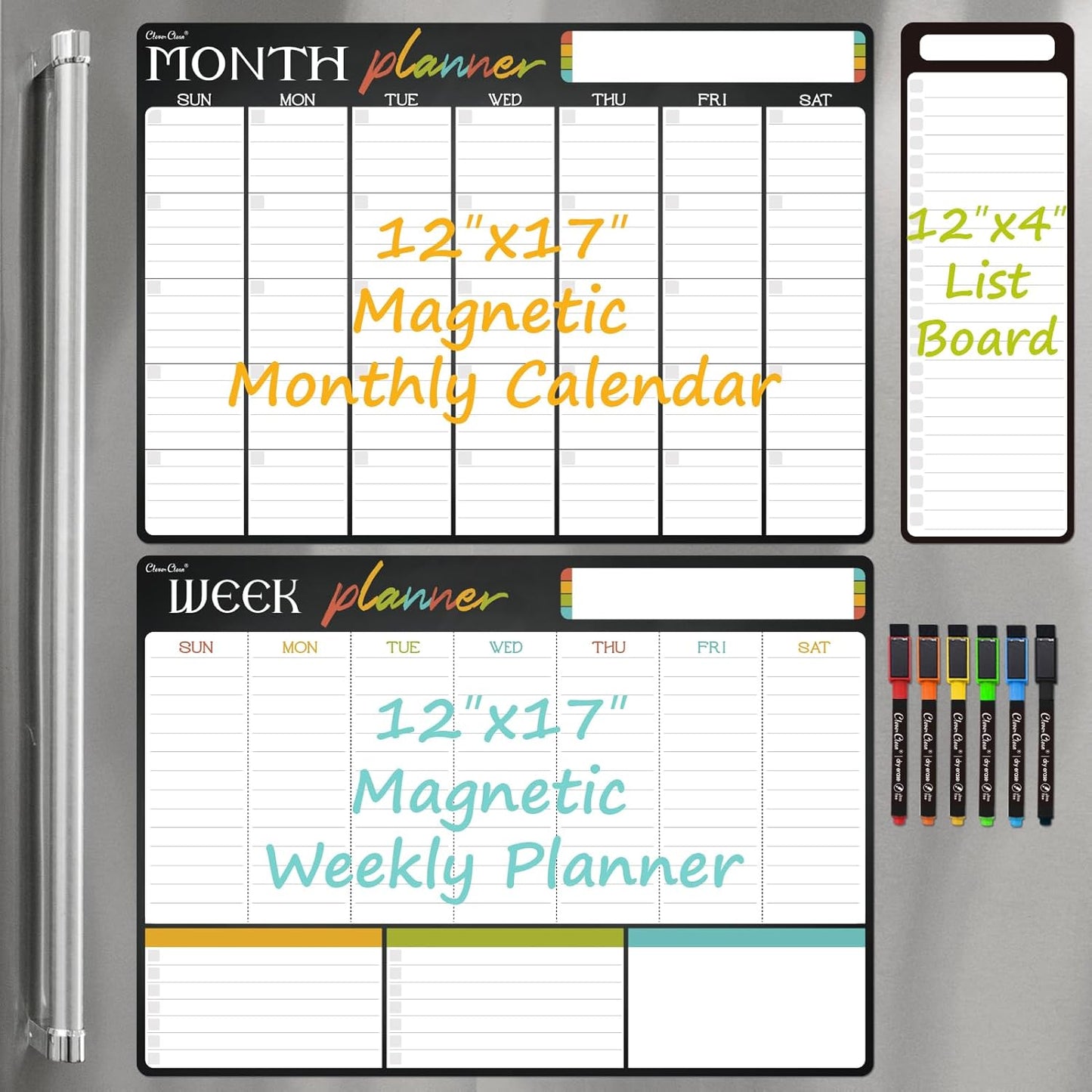 Magnetic Dry Erase Monthly Calendar Set - 17"x12" Monthly and Weekly Calendar, 4"x12" List Board for Fridge - 6 Extra Fine Point Markers Included - Shipped Flat