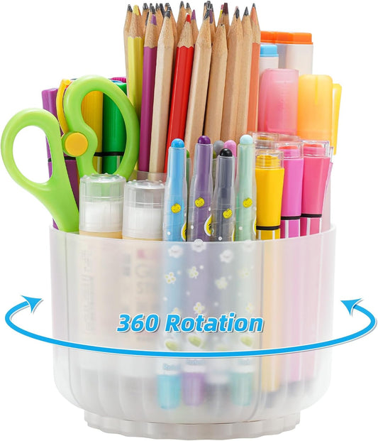 Marbrasse Desk Organizer, 360-Degree Rotating Pen Pencil Holder, Desk Organizers and Accessories with 5 Compartments Pencil Holder, Art Supply Storage Box Caddy (Translucent)