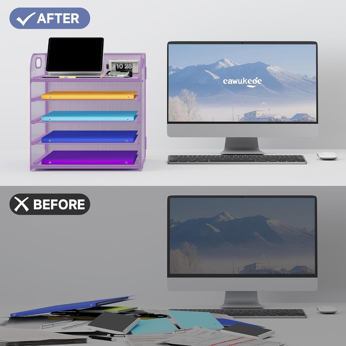 5 Tier Paper Organizer with Handle, Metal Mesh Desk Organizer File Folder Paper Letter Tray Desktop Document Sorter for Classroom, School, Office Accessories Organization and Storage - Purple