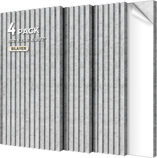 4-Pack Bilayer Acoustic Wall Panels Large Self-adhesive, 47.2” * 23.6” * 0.71” Soundproof Wall Panel, Acoustical Barrier of Polyester Fiber, Decorative Panels for Home&Office,Grey+Grey