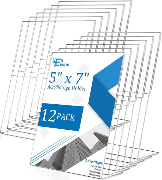 EHWINE 12 Pack 5 x 7 Acrylic Sign Holder, Clear Plastic Signs Display Stand, Vertical Slanted Back Paper Holder Stand up Table Top Sign Holders Flyer Stand Frames Suitable for Office Business Store
