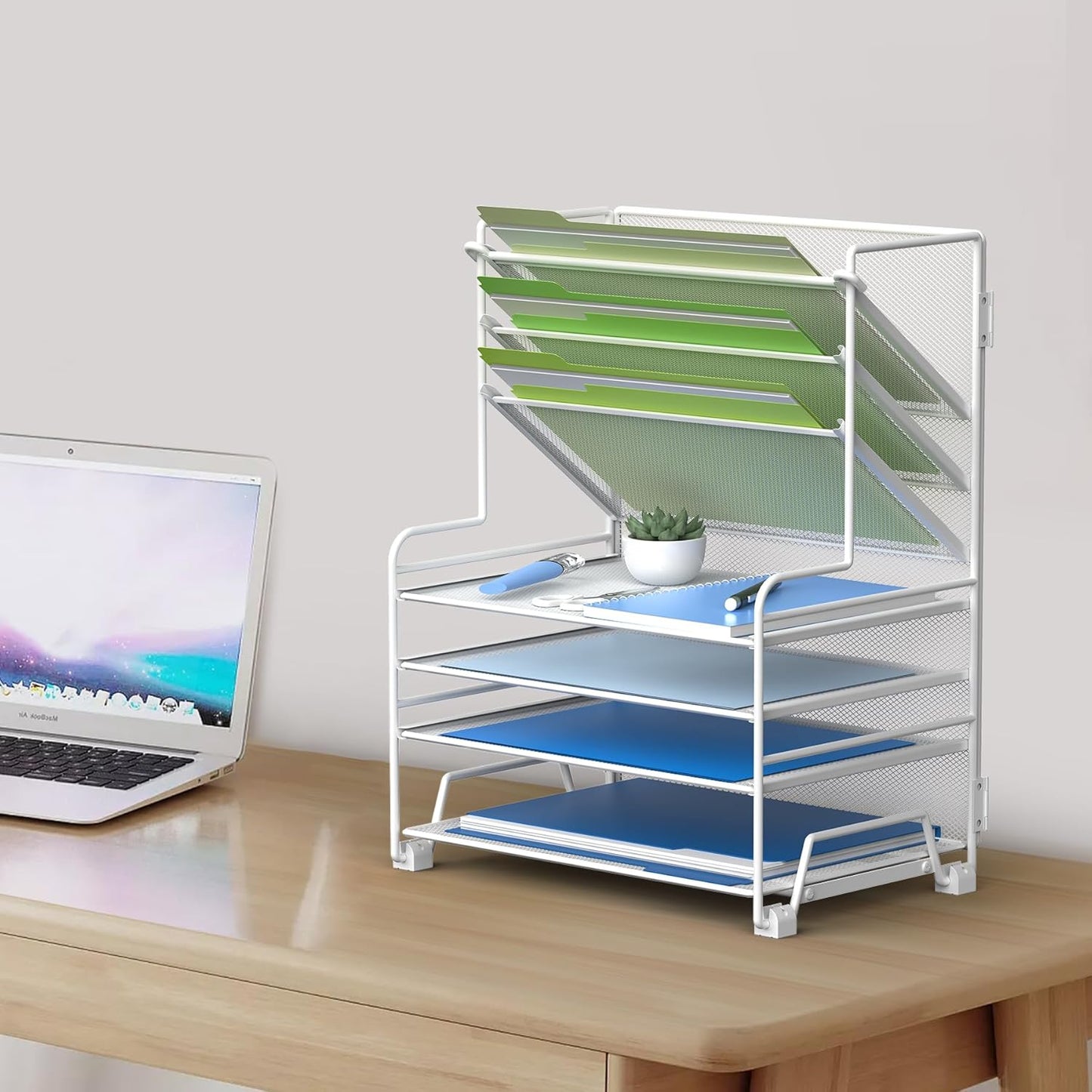 4-Tier Paper Organizer + 3-Pocket File Holder + Drawer + Pen Holders, Desktop File Organizers Paper Tray for Office Supplies School Classroom Organization (White, no Drawer & Pen Holder)