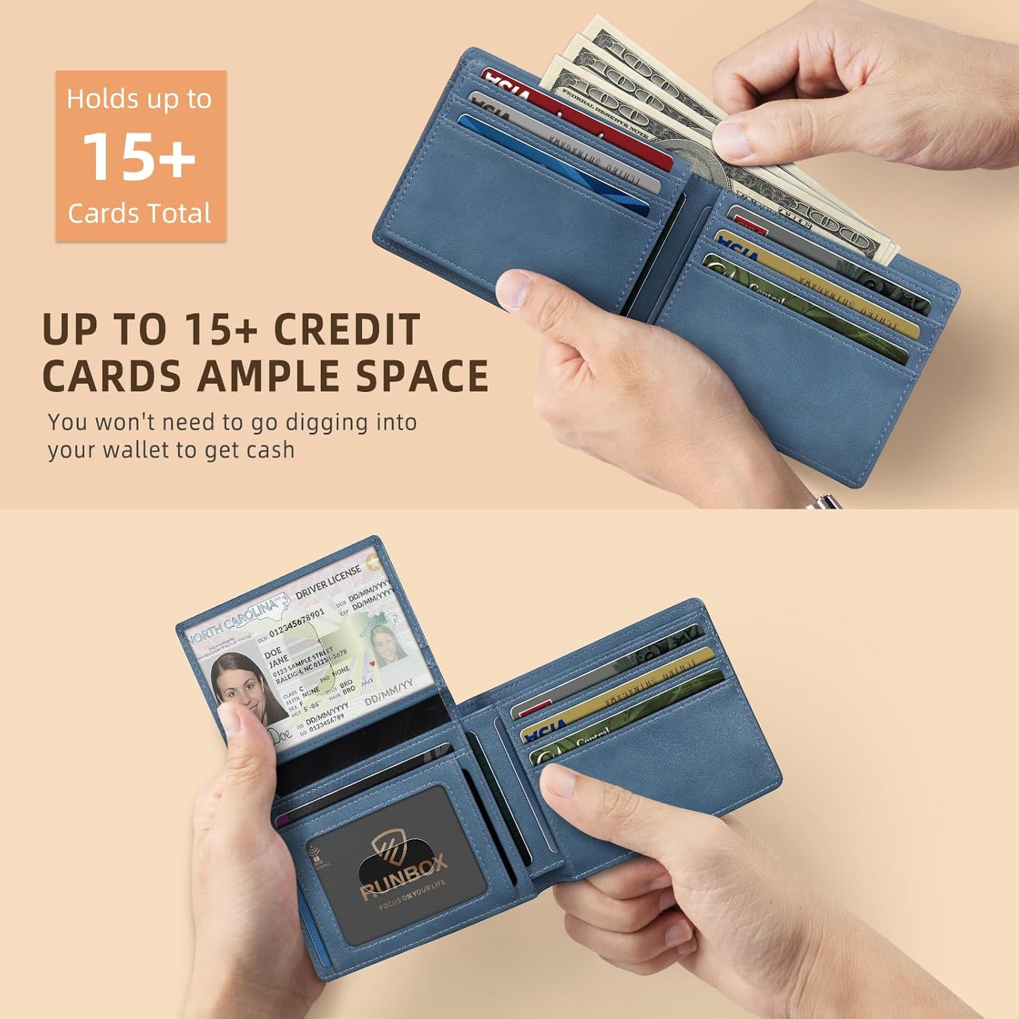 RUNBOX Wallet for Men Slim Rfid Leather 2 ID Window With Gift Box