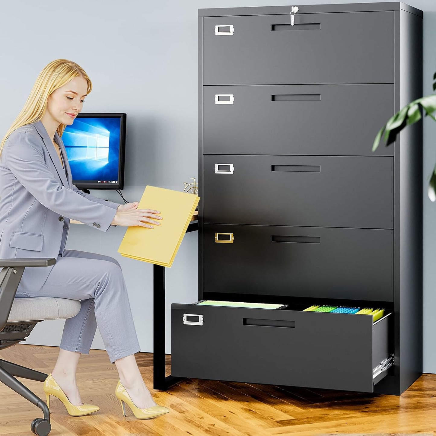 5 Drawer File Cabinets for Home Office, Metal Filing Cabinet with Lock, Black Locking File Caninet Five Drawer, Office Storage Caninets Steel Cabnet for Letter/Legal/A4/F4-Assembly Required